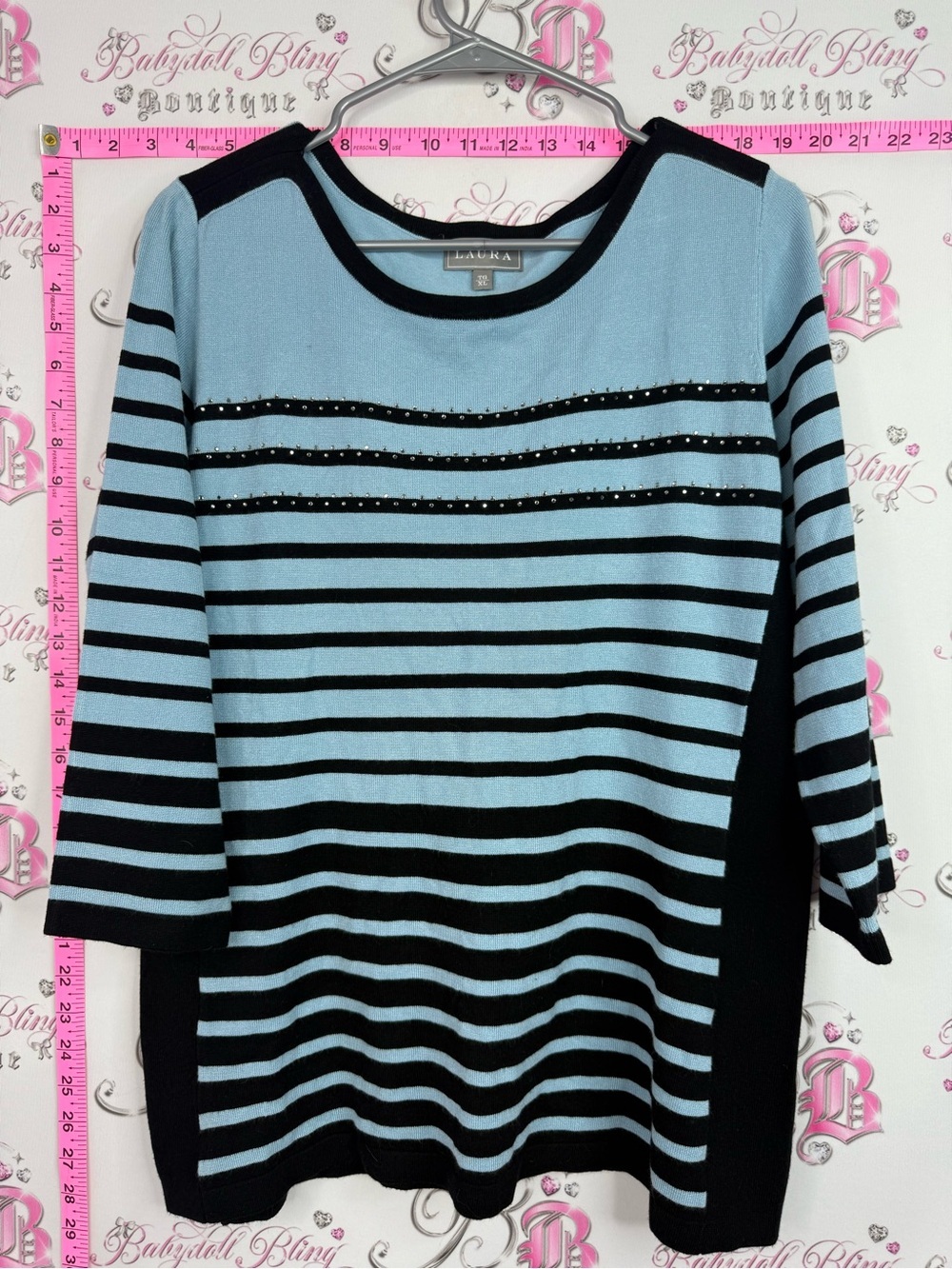 Laura long sleeve rhinestone stud Light Blue & Black Striped Long Sleeve Tee